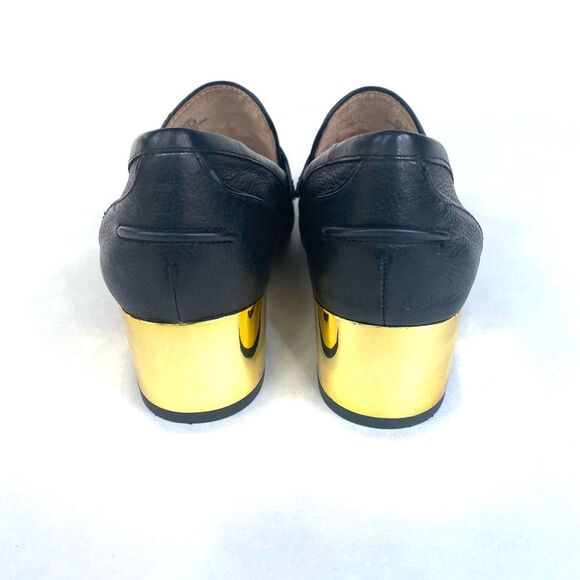 LOUISE ET CIE LANTON LEATHER LOAFER 6M BLACK W/ GOLD BLOCK HEEL 6 - Picture 5 of 10